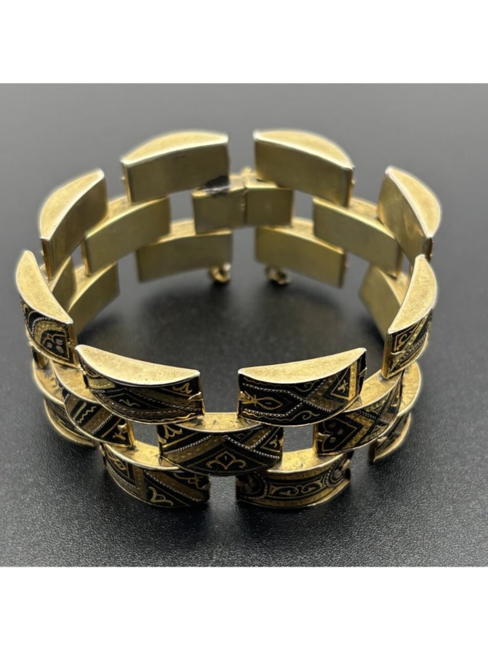 Vintage Damascene Bracelet With Initials Three Rows of Articulated Links, Signed - Picture 15 of 16